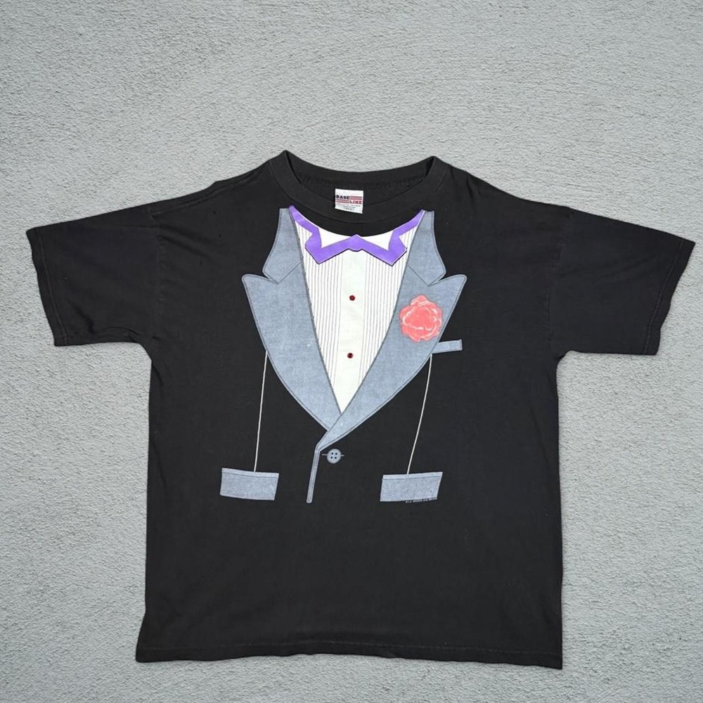 Vintage 90s Batman Tuxedo T-Shirt Black Graphic Tee XL Purple Bow Tie Rose